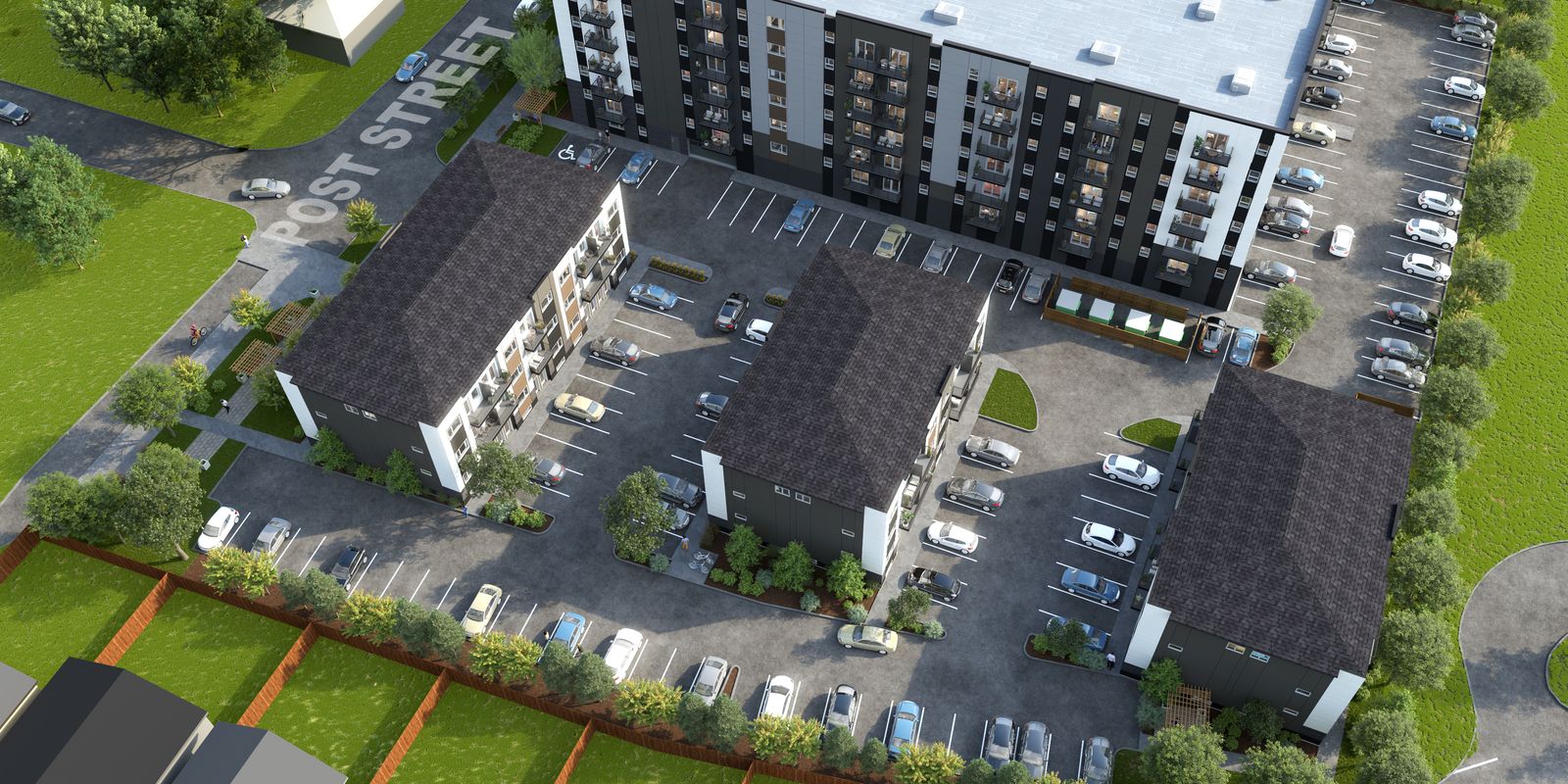 The Post Street Estates site from above, with 25 Post Street at the top.